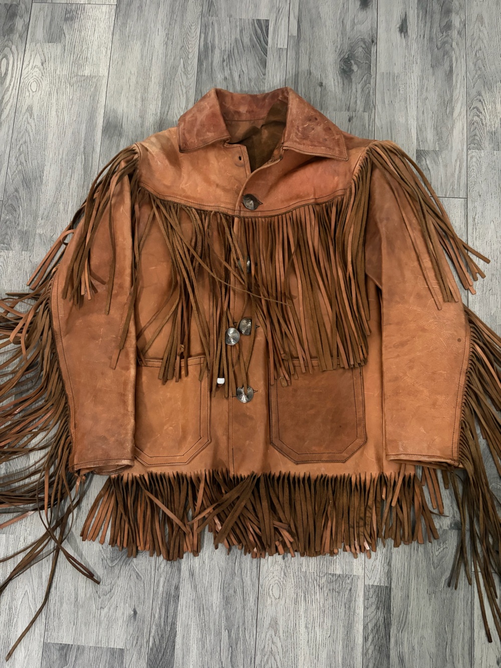 1950 Brown Steerhide Fringe Ranch Leather Jacket Silver Concho Purchased at RRL